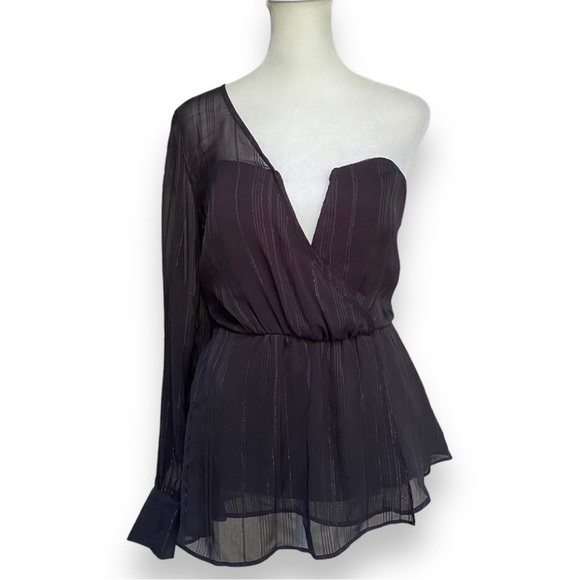 ASTR Black Metallic Stripe Chiffon Overlay One Shoulder Blouse | Size M - Picture 2 of 14